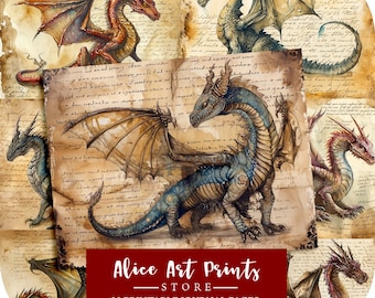 Dragon Junk Journal Pages, Fantasy Dragons Scrapbooking Digital Paper, Printable Collage Sheet, Fantastic Shabby Journal Page, Ephemera