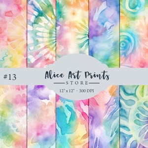 May include: Set of six digital paper designs featuring watercolour tie-dye patterns in shades of pink, blue, yellow, and green. Each design is 12 inches by 12 inches and 300 DPI.