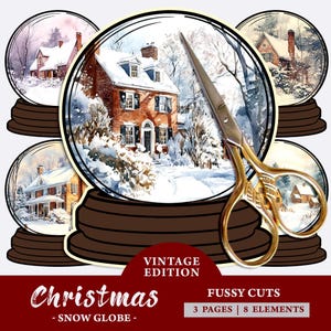 May include: Vintage Christmas snow globe fussy cuts digital download.  The image shows a snow globe with a red brick house with snow on the roof.  The snow globe is surrounded by other snow globes with different houses.  The text "Vintage Edition" and "Fussy Cuts" is visible on the image.