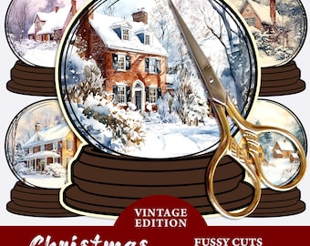 May include: Vintage Christmas snow globe fussy cuts digital download.  The image shows a snow globe with a red brick house with snow on the roof.  The snow globe is surrounded by other snow globes with different houses.  The text "Vintage Edition" and "Fussy Cuts" is visible on the image.