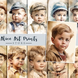 Aquarel Vintage kleine jongen, portret - junk journal kaarten, Journaling Card, Romantische Baby Boy schilderijen Kaarten, Ephemera beelden voor DIY