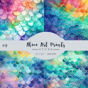 Mermaid Scales texture Digital Paper Backgrounds, Watercolor Rainbow Mermaid Scales Scrapbooking Paper, Magical Iridescent Digital Paper #9
