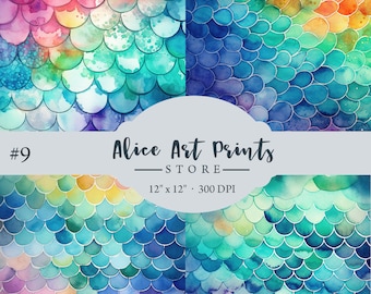 Mermaid Scales texture Digital Paper Backgrounds, Watercolor Rainbow Mermaid Scales Scrapbooking Paper, Magical Iridescent Digital Paper #9