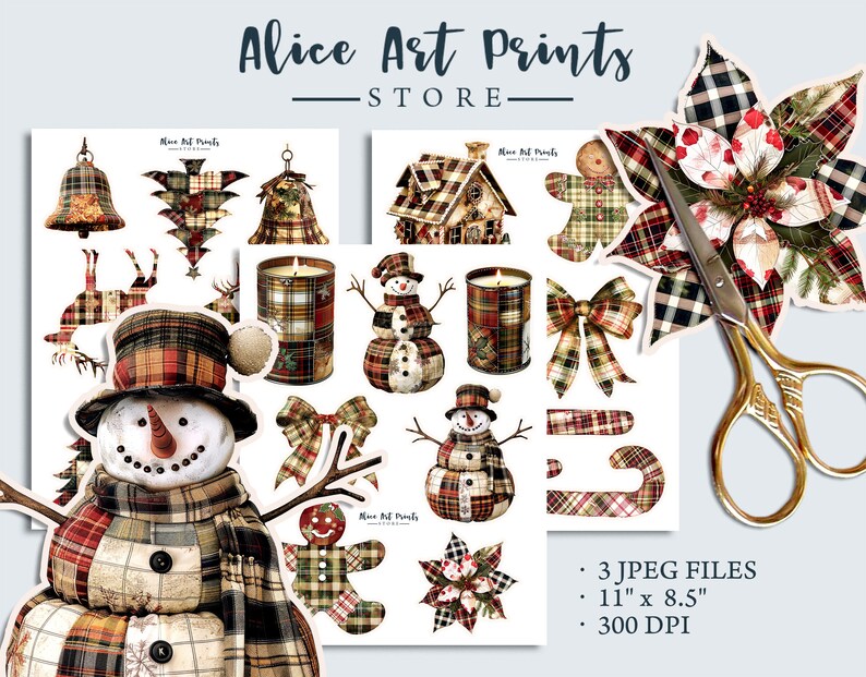 Buffalo Plaid Merry Christmas Junk Journal Kit, Rustic Christmas Fussy