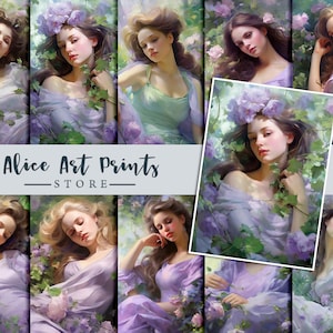 ヴィンテージの美しいフランスのビクトリア朝の女性のジャーナリングカード、ロマンチックな女性の絵画のATCカード、DIY用のエフェメラ画像、ライトバイオレットグリーン