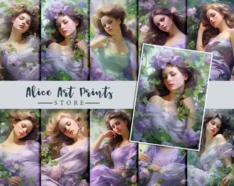 Tarjeta de diario de mujer victoriana francesa hermosa vintage, pinturas románticas para damas tarjetas ATC, imágenes efímeras para bricolaje, verde violeta claro