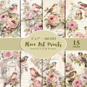 Postales Spring Birds Vintage, Efímera romántica vintage, Tarjeta de diario Shabby Chic, Delicadas pinturas de acuarela Postales