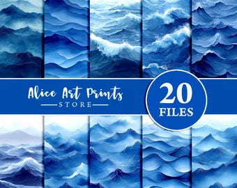 Watercolor Ocean Waves Digital Paper Set Sea Wave Images, Summer Scrapbook Sheets, Seaside Pages Scrapbooking Digital Print