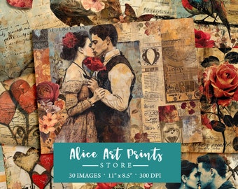 May include: A collage of digital art prints featuring vintage-style illustrations of couples, birds, flowers, and hearts. The prints are in a romantic style with a distressed, aged look. The text "Alice Art Prints - STORE - 30 IMAGES 11" x 8.5" 300 DPI" is at the bottom of the collage.