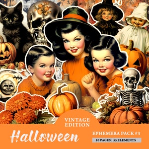 Paquete de efímeras imprimibles de Halloween 3, Diario basura, Tarjeta postal, Scrapbooking, Hoja de collage, Kit Digi, Corte quisquilloso, Digital, Vintage, Imprimible