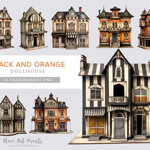 Printable Halloween Paper Doll House Clipart Bundle, Furniture, Dollhouse, junk journal digital ephemera, collage, card making, scrapbooking