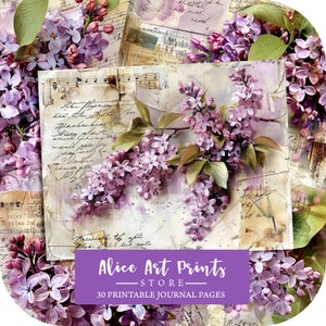 Vintage lilas Junk Journal Pages, page de journal botanique, papier floral printanier shabby chic pour le scrapbooking, feuille de collage, fabrication de cartes