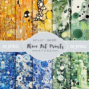 May include: A collection of digital art prints featuring abstract designs in various colors, including yellow, blue, and green. The prints are 8.5" x 11" and 300 DPI. The image includes the text "Alice Art Prints STORE" and "36 JPEG".