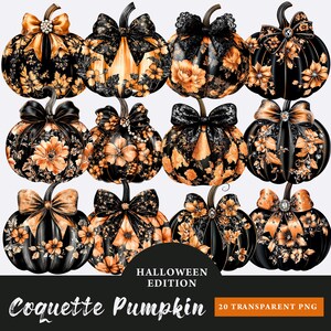 Black Floral Pumpkin With Coquette Bow & Diamonds clipart Bundle, Cute Coquette Pumpkin PNG, Watercolor Pumpkins Png, Autumn sublimation