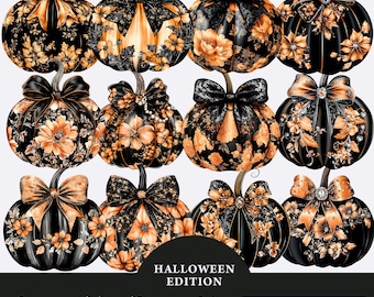Black Floral Pumpkin With Coquette Bow & Diamonds clipart Bundle, Cute Coquette Pumpkin PNG, Watercolor Pumpkins Png, Autumn sublimation