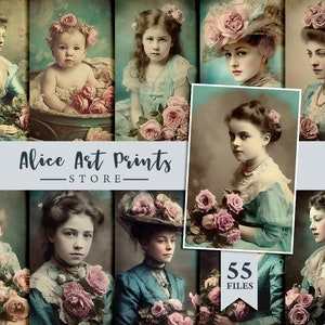 vintage Belle fille et roses roses shabby chic, Vieille photographie victorienne déchirée et usée, éphémères de journal indésirable rose et sarcelle, scrapbooking