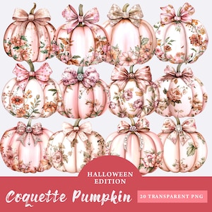 Pink Floral Pumpkin With Coquette Bow & Diamonds clipart Bundle, Cute Coquette Pumpkin PNG, Watercolor Pumpkins Png, Autumn sublimation