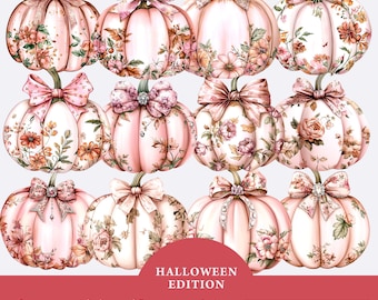 Pink Floral Pumpkin With Coquette Bow & Diamonds clipart Bundle, Cute Coquette Pumpkin PNG, Watercolor Pumpkins Png, Autumn sublimation
