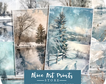 May include: A set of 25 printable journal cards featuring winter scenes with snowy landscapes, trees, and a fence. The cards have a vintage, watercolor-like aesthetic with a blue and white color scheme. The text "Alice Art Prints - STORE - 25 Printable Journal Cards" is at the bottom of the image.