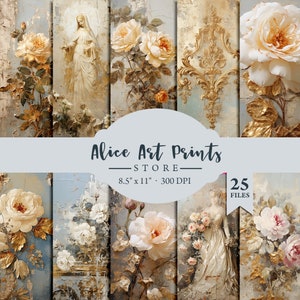 Antique Tattered wallpaper with rose, 25 Pink printable Junk Journal Pages, Rococo Beige Gold Scrapbooking Papers, Shabby Chic Collage Sheet