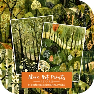 Pages de journal indésirable forêt printanière, arbres verts papier numérique Scrapbooking Kit de journal indésirable fantaisiste fond d'été Journal indésirable imprimable