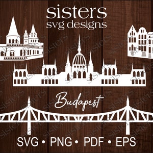 Iconos de Budapest SVG Máquina de corte Archivo Parlamento húngaro Puente de la Libertad Bastian Hungría Row House Cricut Silueta