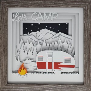 Camping Art Mountain Vintage Trailer Camp Artwork Colorado Longs Peak 3D Boating Shadow Box Vacation Campfire