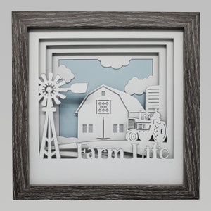 Farm Life Shadow Box Scheune Wand Kunst 3D Traktor Kunstwerk Handgemacht Windmühle Schattenbox Layered Paper Geschenkidee Rustikal Gerahmt Papercut Home Decor