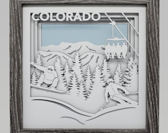 Colorado Mountain Ski Resort Gift Idea Winter Skier Snowboarder Snow Travel Vacation Artwork Wall Art Lodge Decor Handmade 3D Shadow Box