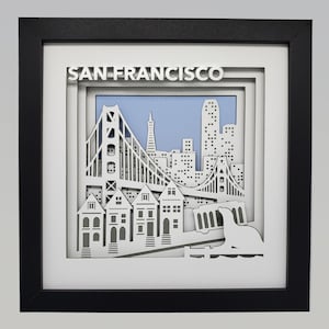 San Francisco Shadow Box Pier 39 Sea Lions Handmade Golden Gate Bridge Artwork 3D Skyline Art Layered Paper Row Houses Papercut Cable Car