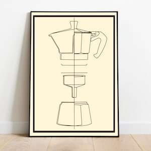 Puede incluir: Ilustración de arte de línea de una cafetera moka, una cafetera italiana tradicional, con fondo crema y marco marrón. La ilustración muestra las diferentes partes de la cafetera moka, incluyendo la parte superior, el filtro y la base.