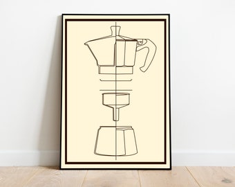 Bialetti coffee pot poster, coffee print digital download, Italian coffee wall art for the kitchen, espresso poster