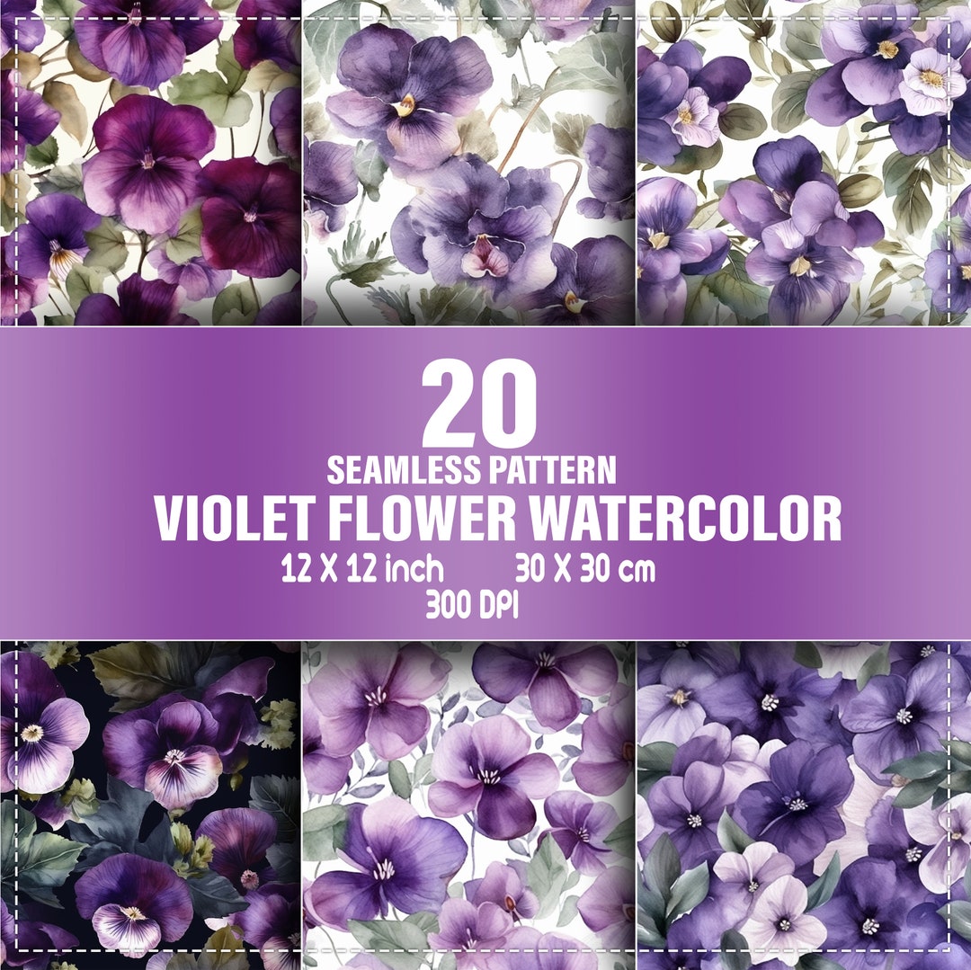 Watercolor Floral Digital Paper, Violet Flower Backgrounds, Scrapbook