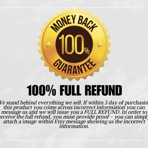 May include: A gold seal with the text "MONEY BACK 100% GUARANTEE" and a black star. The text "100% FULL REFUND" is below the seal. The text below the seal reads: "We stand behind everything we sell. If within 3 day of purchasing this product you come across incorrect information you can message us and we will issue you a FULL REFUND. In order to receive the full refund, you must provide proof - you can simply attach a image within Etsy message showing us the incorrect information."