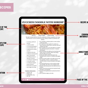 Puede incluir: Una receta digital para fideos de calabac&iacute;n con camarones. La receta incluye una imagen del plato, una lista de ingredientes, instrucciones de cocci&oacute;n e informaci&oacute;n nutricional. La receta es para 1 persona y tarda 15 minutos en prepararse y 25 minutos en cocinarse.