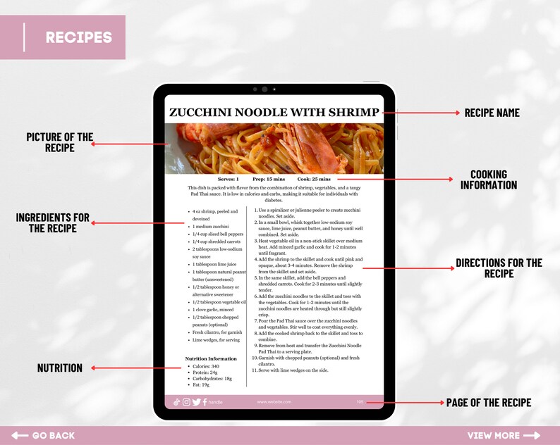 Puede incluir: Una receta digital para fideos de calabac&iacute;n con camarones. La receta incluye una imagen del plato, una lista de ingredientes, instrucciones de cocci&oacute;n e informaci&oacute;n nutricional. La receta es para 1 persona y tarda 15 minutos en prepararse y 25 minutos en cocinarse.