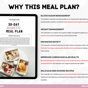 Puede incluir: La pantalla de una tableta digital muestra un plan de comidas diab&eacute;tico de 28 d&iacute;as. El plan incluye informaci&oacute;n sobre el control del az&uacute;car en sangre, la gesti&oacute;n del peso, la saciedad mejorada, la mejora de la salud cardiovascular y recetas deliciosas y variadas. La pantalla est&aacute; sobre un fondo rosa con las palabras "&iquest;Por qu&eacute; este plan de comidas?" en la parte superior.
