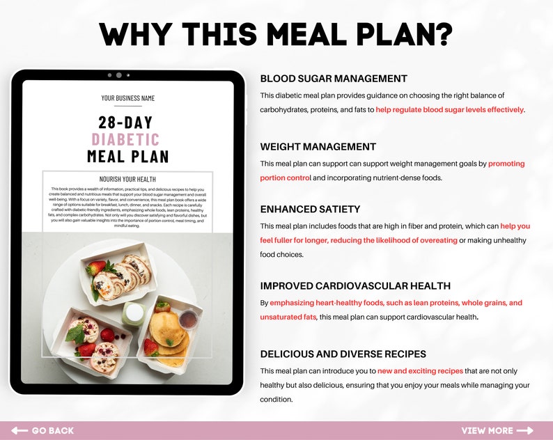 Puede incluir: La pantalla de una tableta digital muestra un plan de comidas diab&eacute;tico de 28 d&iacute;as. El plan incluye informaci&oacute;n sobre el control del az&uacute;car en sangre, la gesti&oacute;n del peso, la saciedad mejorada, la mejora de la salud cardiovascular y recetas deliciosas y variadas. La pantalla est&aacute; sobre un fondo rosa con las palabras "&iquest;Por qu&eacute; este plan de comidas?" en la parte superior.