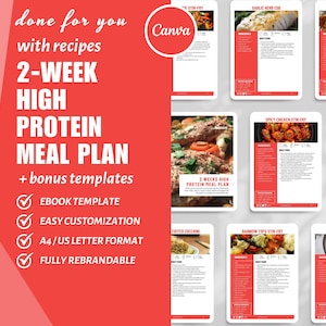 Op de afbeelding: Een rode en witte grafiek met de tekst "2-WEEK HIGH PROTEIN MEAL PLAN + bonus templates" en vinkjes voor "Ebook Template", "Easy Customization", "A4/US Letter Format" en "Fully Rebrandable". De grafiek is omringd door afbeeldingen van verschillende gerechten.