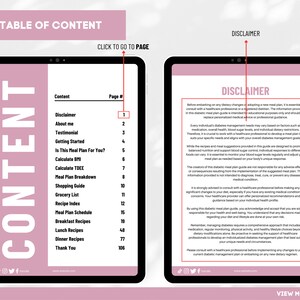 Puede incluir: Una tableta digital rosa y blanca con una tabla de contenido para una gu&iacute;a de plan de comidas para diab&eacute;ticos. La tabla de contenido incluye secciones para descargo de responsabilidad, testimonio, comenzar, calcular el IMC y el TDEE, desglose del plan de comidas, gu&iacute;a de compras, lista de compras, &iacute;ndice de recetas, calendario del plan de comidas, recetas de desayuno, almuerzo y cena, y una secci&oacute;n de agradecimiento.