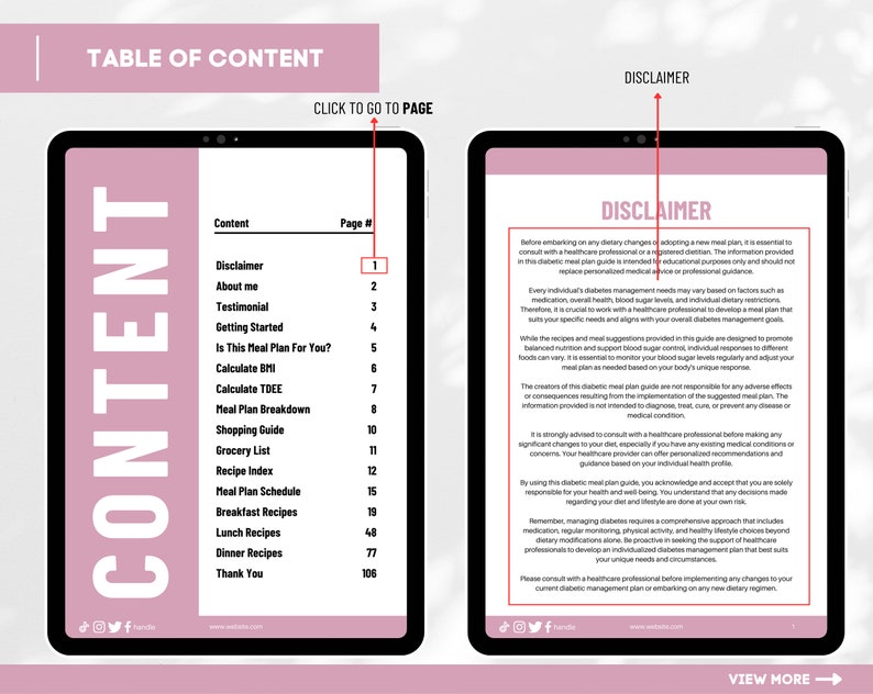 Puede incluir: Una tableta digital rosa y blanca con una tabla de contenido para una gu&iacute;a de plan de comidas para diab&eacute;ticos. La tabla de contenido incluye secciones para descargo de responsabilidad, testimonio, comenzar, calcular el IMC y el TDEE, desglose del plan de comidas, gu&iacute;a de compras, lista de compras, &iacute;ndice de recetas, calendario del plan de comidas, recetas de desayuno, almuerzo y cena, y una secci&oacute;n de agradecimiento.