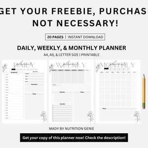 Puede incluir: Planificador diario, semanal y mensual imprimible con acentos florales. El planificador est&aacute; disponible en tama&ntilde;os A4, A5 y carta. Incluye 20 p&aacute;ginas y es una descarga instant&aacute;nea.