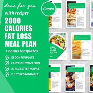 Op de afbeelding: Een groene en witte digitale marketingafbeelding voor een 2000 calorieën vetverlies maaltijdplan ebook-sjabloon. De afbeelding bevat een checklist met functies zoals ebook-sjabloon, eenvoudige aanpassing, A4/US-briefformaat en volledig rebrandbaar. De afbeelding bevat ook afbeeldingen van gezond voedsel.