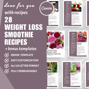 28 Smoothie Recipes, Lead Magnet Ebook, Recipe Book Template, Canva Cookbook Template for Health and Fitness Coaches, DFY content,