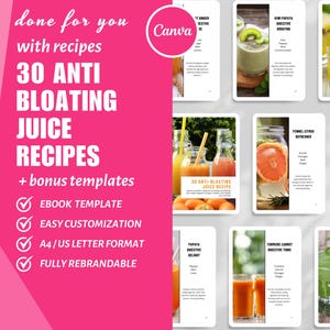 30 Anti Bloating Juice Recipe Coaching eBook Canva Template, dfy content, Digital Product, eBook Canva Nutrition, Cookbook Recipe Template