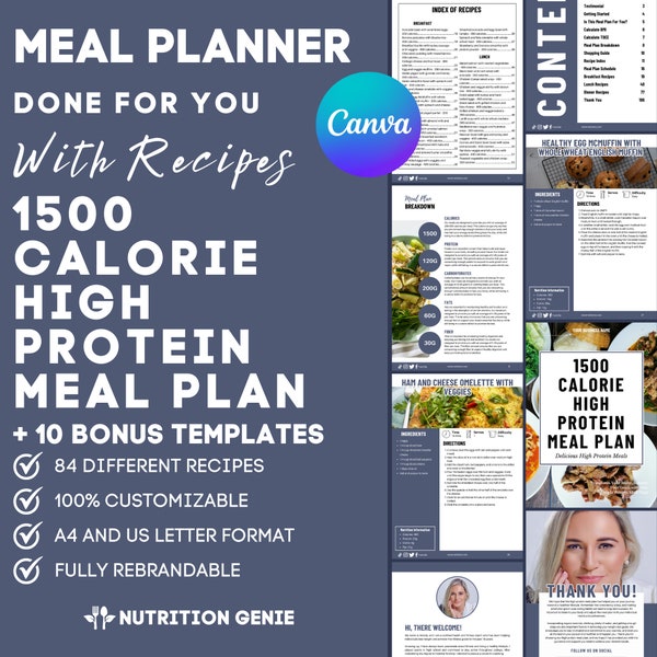 Modèle de plan de repas riche en protéines de 1 500 calories, recette facile, modèle de recette de livre de cuisine, livre électronique Canva Nutrition, contenu dfy, modèle de livre de cuisine électronique