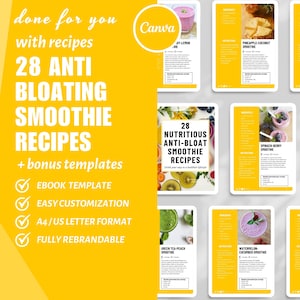 28 Anti-Blooding Smoothie Recipes, Lead Magnet Ebook, Recipe Book Template, Canva Cookbook Template Health and Fitness Coaches, DFY content,