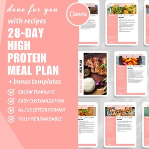 Op de afbeelding: Een roze en witte digitale download voor een 28-daags high-protein maaltijdplan met bonus sjablonen. De tekst "28-DAY HIGH PROTEIN MEAL PLAN" staat in een groot, vet lettertype. De tekst "+ bonus templates" staat in een kleiner lettertype. De tekst "EBOOK TEMPLATE, EASY CUSTOMIZATION, A4/US LETTER FORMAT, FULLY REBRANDABLE" staat in een checklist-formaat.