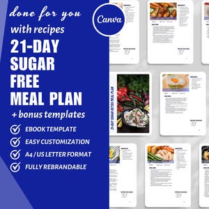 21-Day Sugar Free Meal Plan, Coaching eBook Canva Template, eBook Canva Nutrition, Digital Recipe Pages, Nutrition Coach, plr Done For You