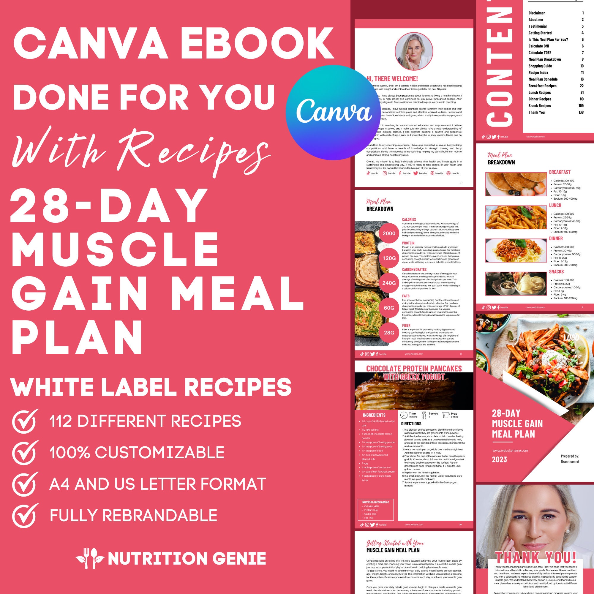 28-day Muscle Gain Meal Plan, Cookbook Recipe Template Canva, Ebook